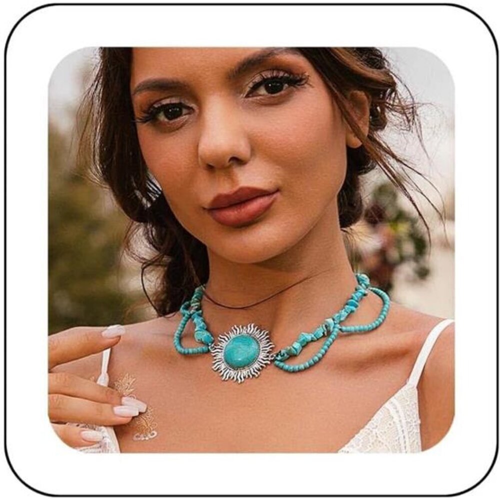Boho Turquoise Beaded Necklace with Sunburst Pendant Wester Cowgirl Rodeo